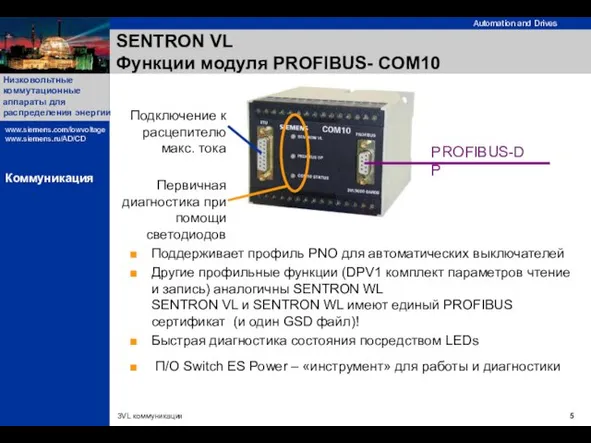 SENTRON VL Функции модуля PROFIBUS- COM10 Поддерживает профиль PNO для автоматических выключателей