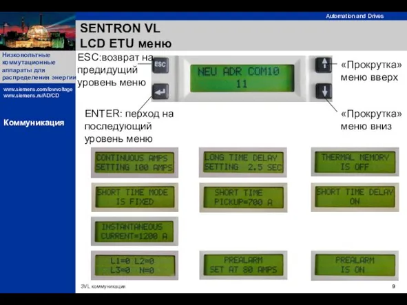 SENTRON VL LCD ETU меню «Прокрутка» меню вверх «Прокрутка» меню вниз ESC:возврат