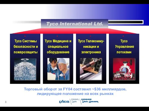 Tyco International Ltd. Торговый оборот за FY04 составил ~$36 миллиардов, лидирующее положение