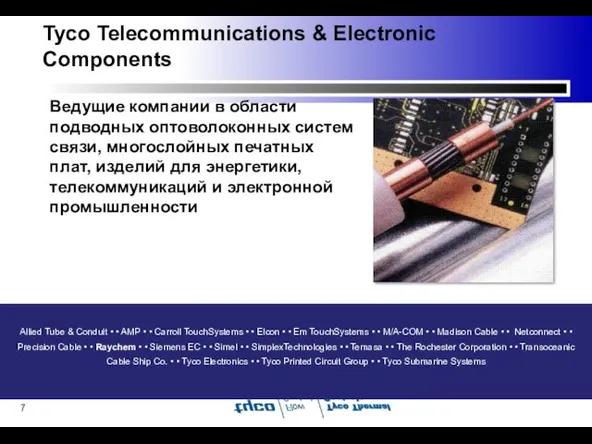 Tyco Telecommunications & Electronic Components Ведущие компании в области подводных оптоволоконных систем