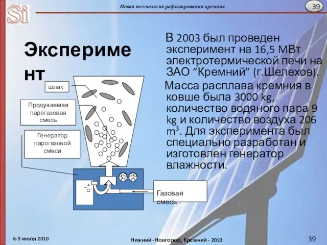 Эксперимент В 2003 был проведен эксперимент на 16,5 MВт электротермической печи на