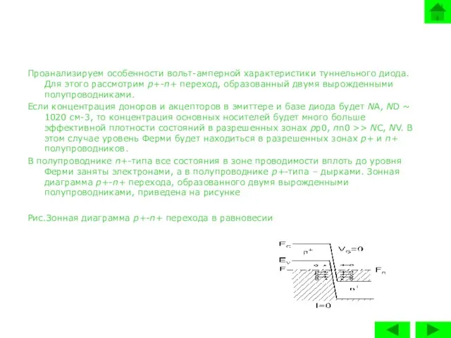 Проанализируем особенности вольт-амперной характеристики туннельного диода. Для этого рассмотрим p+-n+ переход, образованный