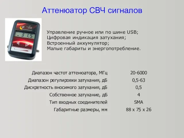 Аттенюатор СВЧ сигналов Управление ручное или по шине USB; Цифровая индикация затухания;