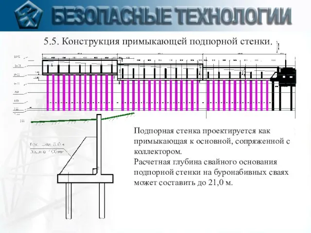 5.5. Конструкция примыкающей подпорной стенки. Подпорная стенка проектируется как примыкающая к основной,