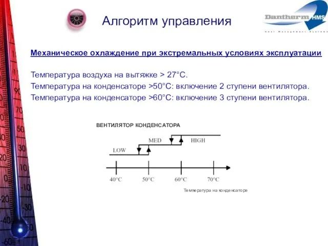 Алгоритм управления Механическое охлаждение при экстремальных условиях эксплуатации Температура воздуха на вытяжке