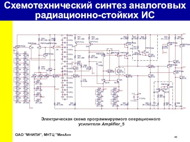 Электрическая схема программируемого операционного усилителя Amplifier_5 ОАО "МНИПИ", МНТЦ "МикАн» Схемотехнический синтез аналоговых радиационно-стойких ИС