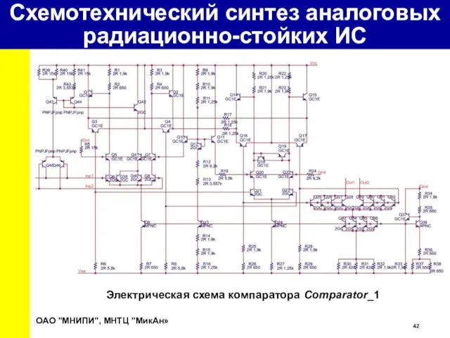 Электрическая схема компаратора Comparator_1 ОАО "МНИПИ", МНТЦ "МикАн» Схемотехнический синтез аналоговых радиационно-стойких ИС