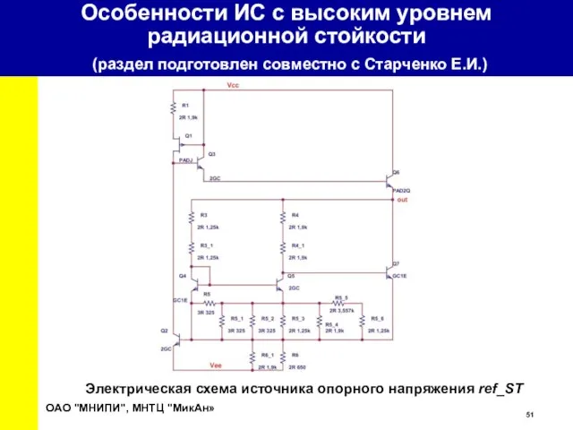 ОАО "МНИПИ", МНТЦ "МикАн» Электрическая схема источника опорного напряжения ref_ST Особенности ИС