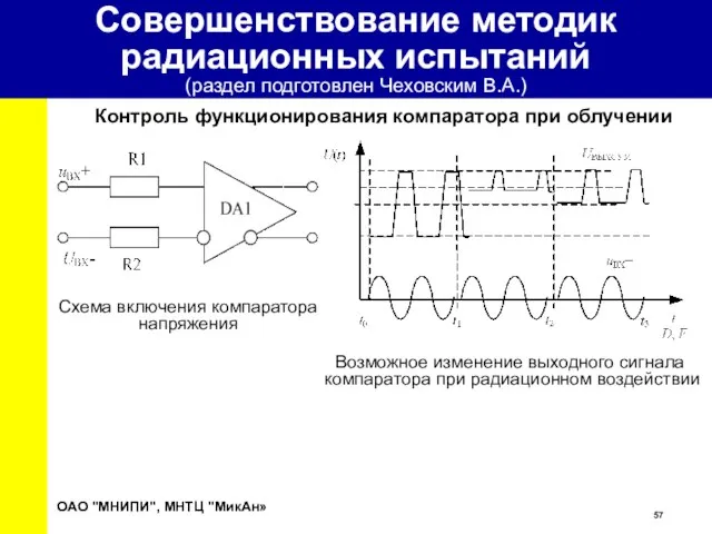 Контроль функционирования компаратора при облучении Схема включения компаратора напряжения Возможное изменение выходного