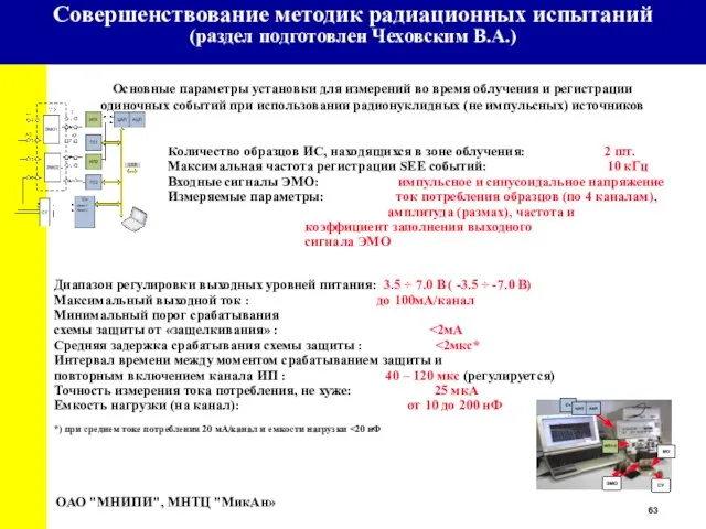 Основные параметры установки для измерений во время облучения и регистрации одиночных событий