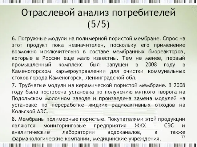 Отраслевой анализ потребителей (5/5) 6. Погружные модули на полимерной пористой мембране. Спрос