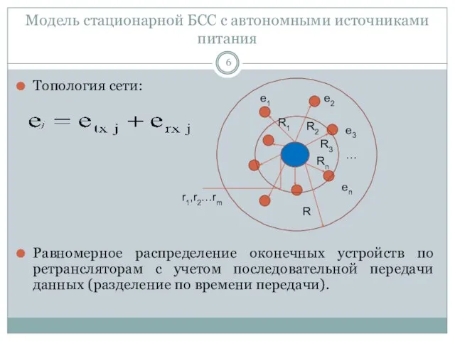 Модель стационарной БСС с автономными источниками питания Топология сети: Равномерное распределение оконечных