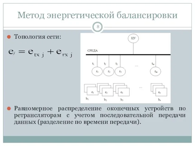 Метод энергетической балансировки Топология сети: Равномерное распределение оконечных устройств по ретрансляторам с