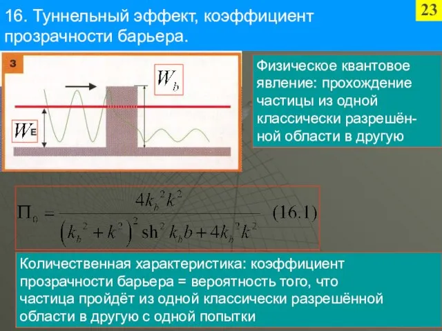 16. Туннельный эффект, коэффициент прозрачности барьера. 23 Физическое квантовое явление: прохождение частицы