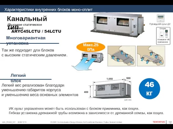 ARYC45LCTU / 54LCTU Макс.250Па 46кг Канальный тип (Высокое статическое давление) Так же