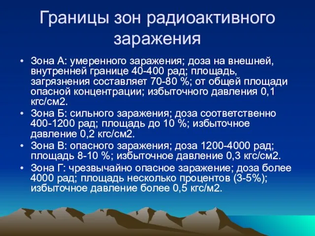 Границы зон радиоактивного заражения Зона А: умеренного заражения; доза на внешней, внутренней