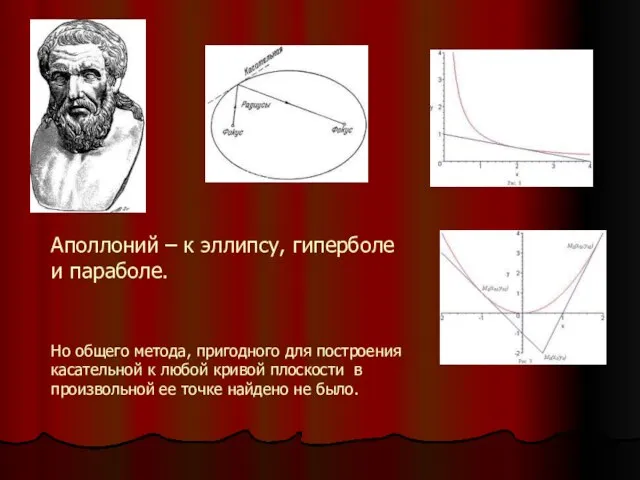 Аполлоний – к эллипсу, гиперболе и параболе. Но общего метода, пригодного для