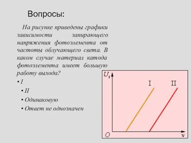 Вопросы: На рисунке приведены графики зависимости запирающего напряжения фотоэлемента от частоты облучающего