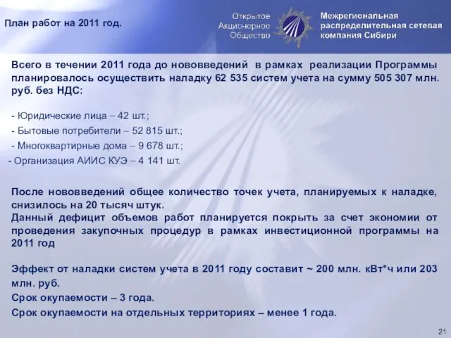 План работ на 2011 год. Всего в течении 2011 года до нововведений