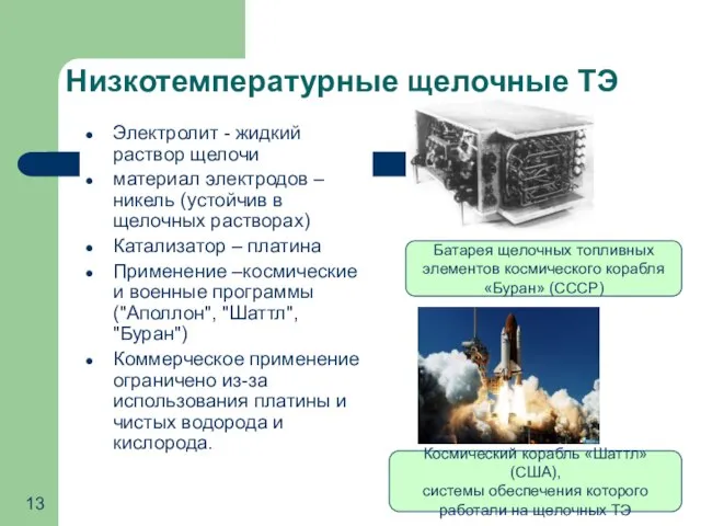 Низкотемпературные щелочные ТЭ Электролит - жидкий раствор щелочи материал электродов – никель