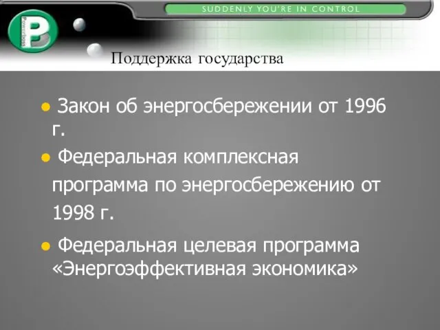 Поддержка государства Закон об энергосбережении от 1996 г. Федеральная комплексная программа по