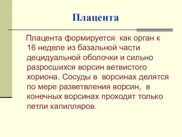 Плацента Плацента формируется как орган к 16 неделе из базальной части децидуальной