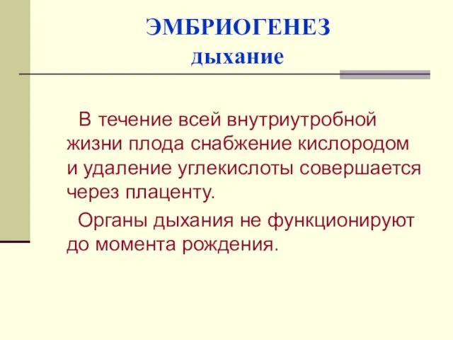 ЭМБРИОГЕНЕЗ дыхание В течение всей внутриутробной жизни плода снабжение кислородом и удаление