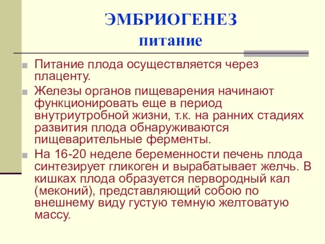 ЭМБРИОГЕНЕЗ питание Питание плода осуществляется через плаценту. Железы органов пищеварения начинают функционировать