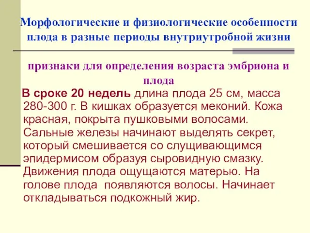 Морфологические и физиологические особенности плода в разные периоды внутриутробной жизни признаки для