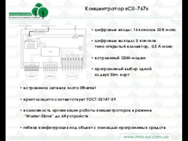 Концентратор «CU-767» • цифровые входы: 16 каналов 30 В макс • цифровые