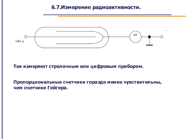 6.7.Измерение радиоактивности. Ток измеряют стрелочным или цифровым прибором. Пропорциональные счетчики гораздо менее чувствительны, чем счетчики Гейгера.