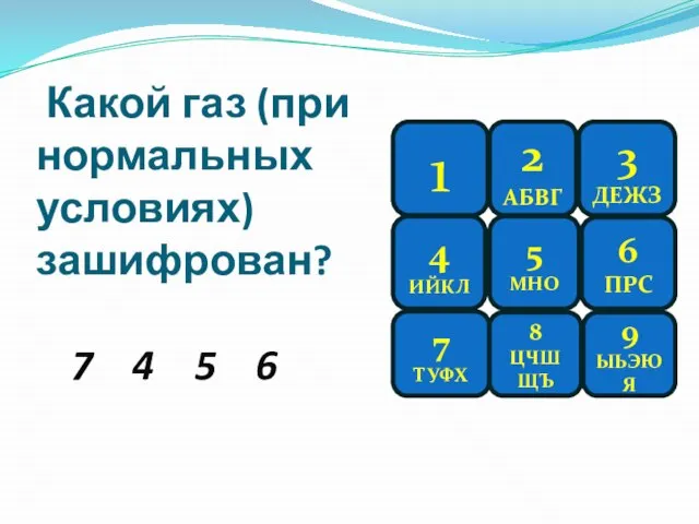 Какой газ (при нормаль­ных условиях) зашифрован? 7 4 5 6 1 3