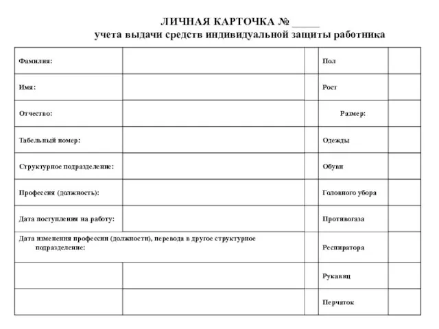 ЛИЧНАЯ КАРТОЧКА № _____ учета выдачи средств индивидуальной защиты работника