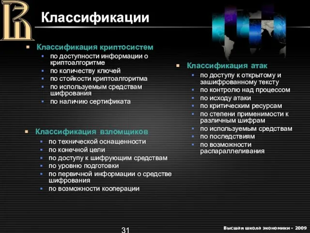 Классификации Классификация криптосистем по доступности информации о криптоалгоритме по количеству ключей по