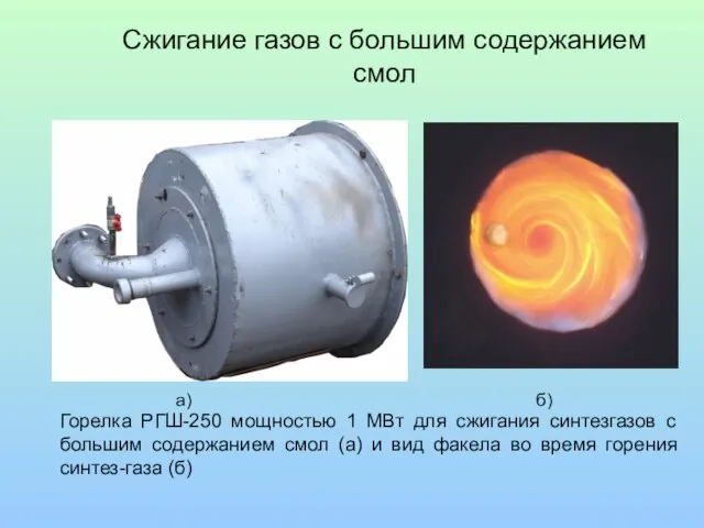 Горелка РГШ-250 мощностью 1 МВт для сжигания синтезгазов с большим содержанием смол