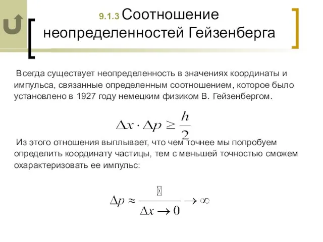 9.1.3 Соотношение неопределенностей Гейзенберга Всегда существует неопределенность в значениях координаты и импульса,