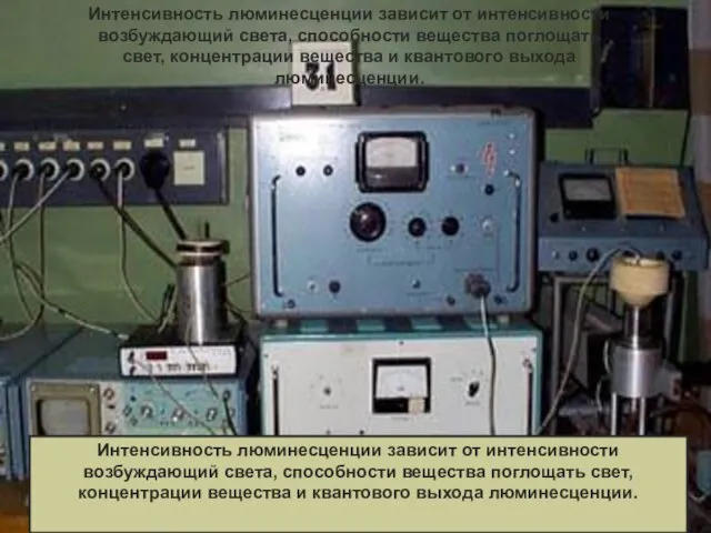 Интенсивность люминесценции зависит от интенсивности возбуждающий света, способности вещества поглощать свет, концентрации