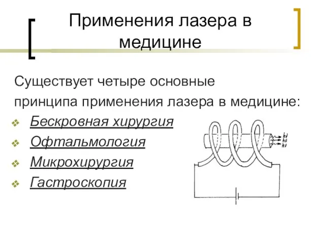 Применения лазера в медицине Существует четыре основные принципа применения лазера в медицине: