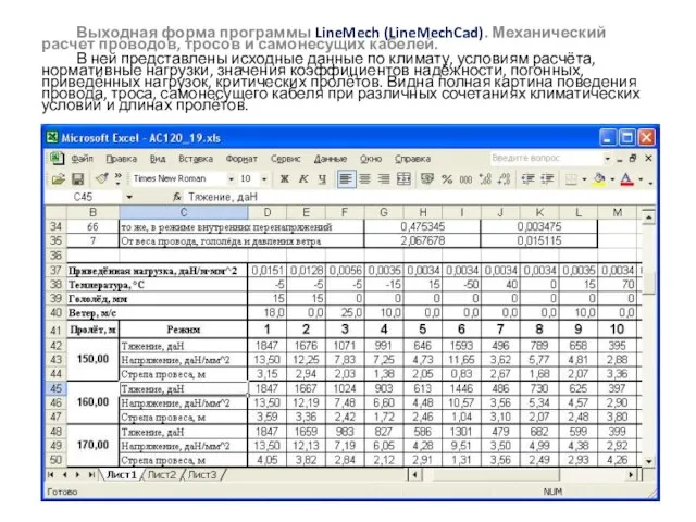 Выходная форма программы LineMech (LineMechCad). Механический расчет проводов, тросов и самонесущих кабелей.