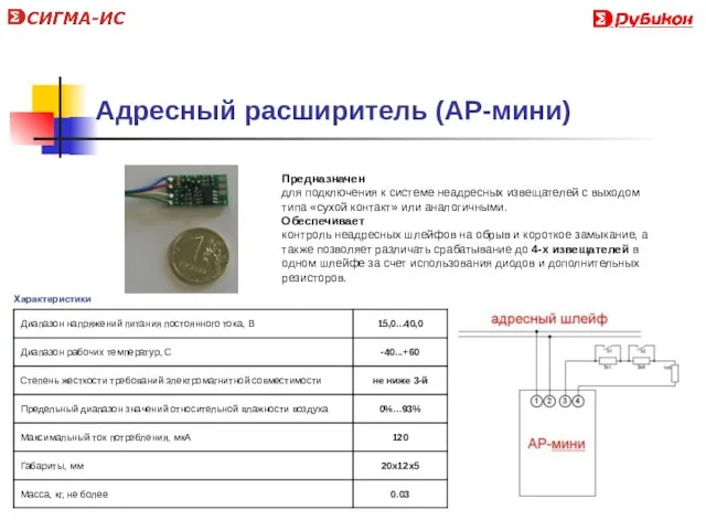 Адресный расширитель (АР-мини) Характеристики Предназначен для подключения к системе неадресных извещателей с