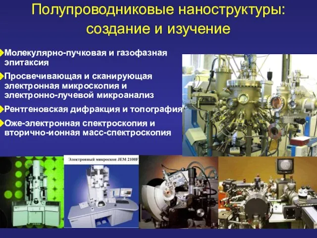 Полупроводниковые наноструктуры: создание и изучение Молекулярно-пучковая и газофазная эпитаксия Просвечивающая и сканирующая