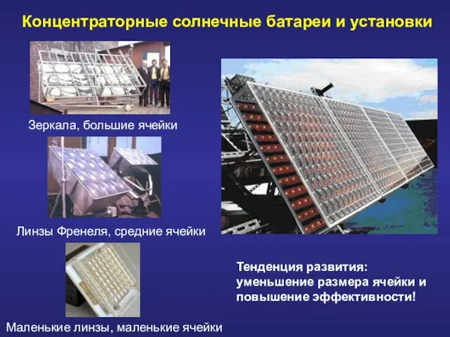 Концентраторные солнечные батареи и установки Тенденция развития: уменьшение размера ячейки и повышение