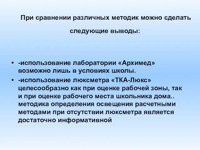 При сравнении различных методик можно сделать следующие выводы: -использование лаборатории «Архимед» возможно