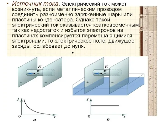 Источник тока. Электрический ток может возникнуть, если металлическим проводом соединить разноименно заряженные