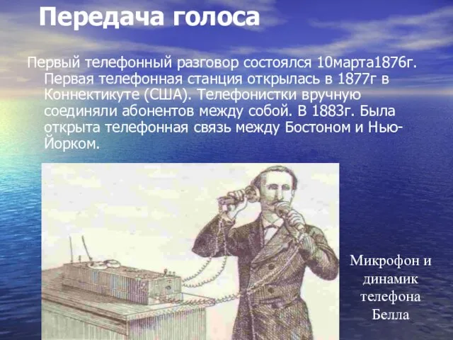 Передача голоса Первый телефонный разговор состоялся 10марта1876г. Первая телефонная станция открылась в