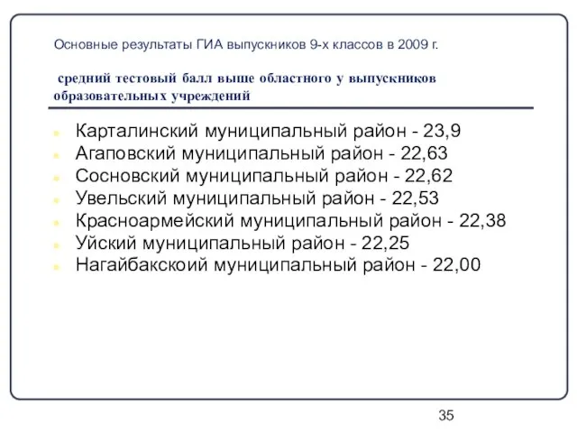 Основные результаты ГИА выпускников 9-х классов в 2009 г. средний тестовый балл