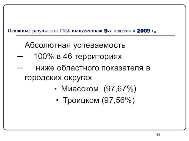 Основные результаты ГИА выпускников 9-х классов в 2009 г. Абсолютная успеваемость ─