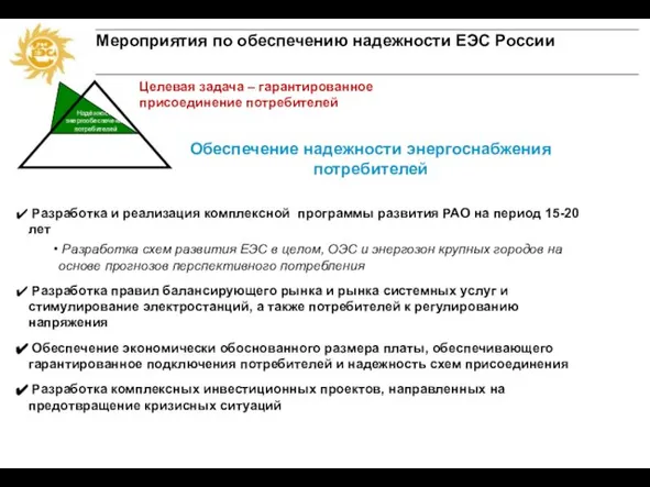 Обеспечение надежности энергоснабжения потребителей Разработка и реализация комплексной программы развития РАО на