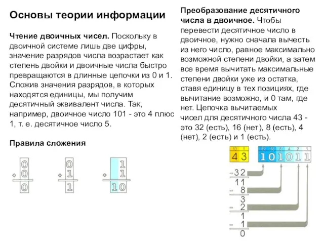 Основы теории информации Чтение двоичных чисел. Поскольку в двоичной системе лишь две