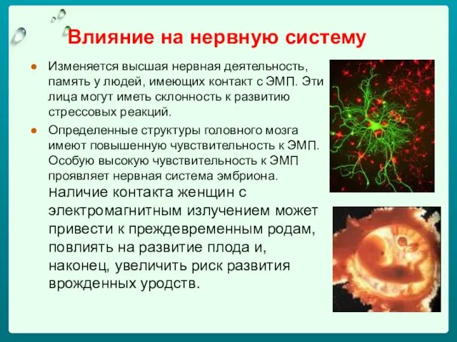 Влияние на нервную систему Изменяется высшая нервная деятельность, память у людей, имеющих